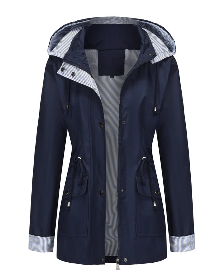 Elizabeth - Moderne lang jakke med sidelommer og stripete mansjetter