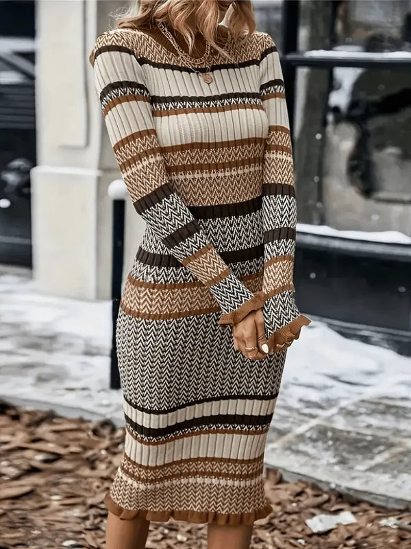 Amelia - Bodycon kjole med lange ermer og teksturert sikksakkmønster