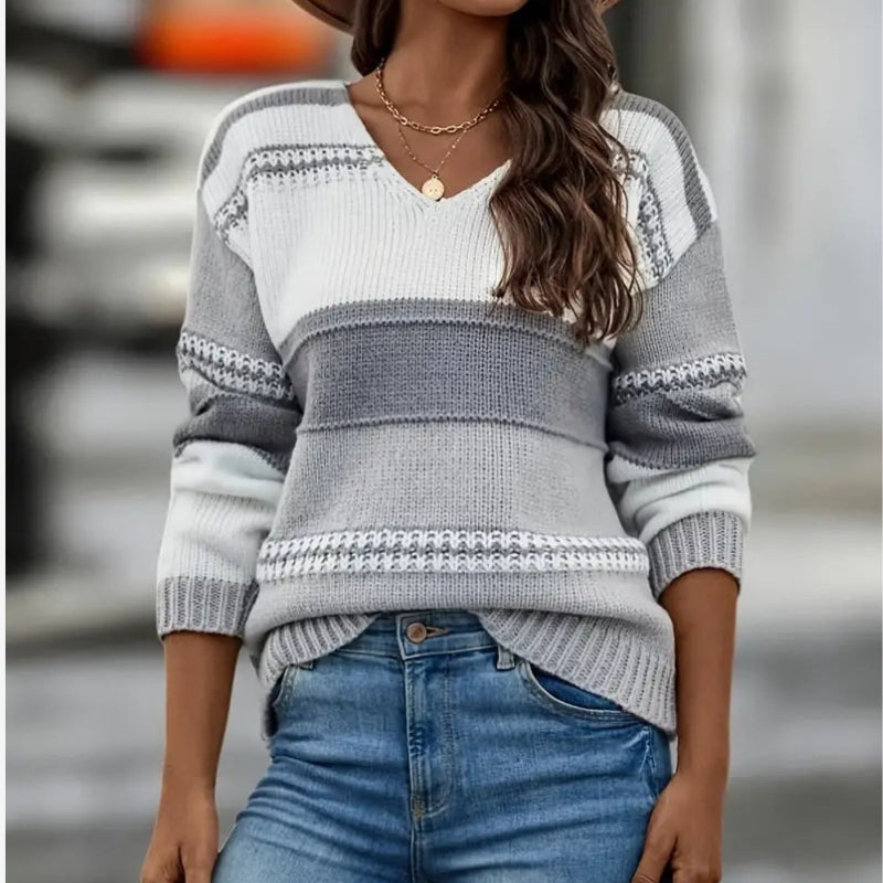 Nadia – Genser med V-hals lange ermer og ribbede kanter