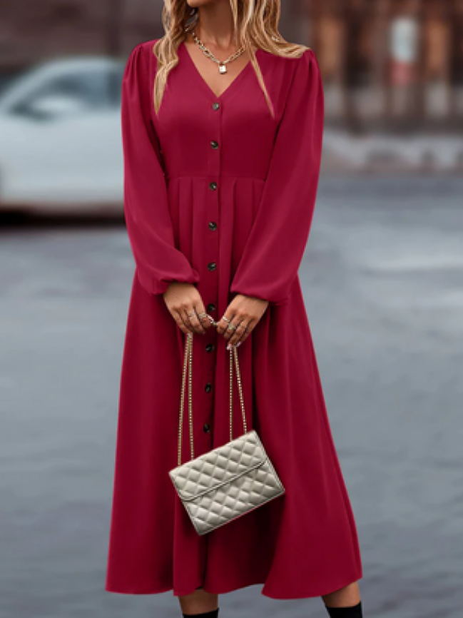 Elena – Midi-Kjole med Knapp Foran med Puffede Ermer