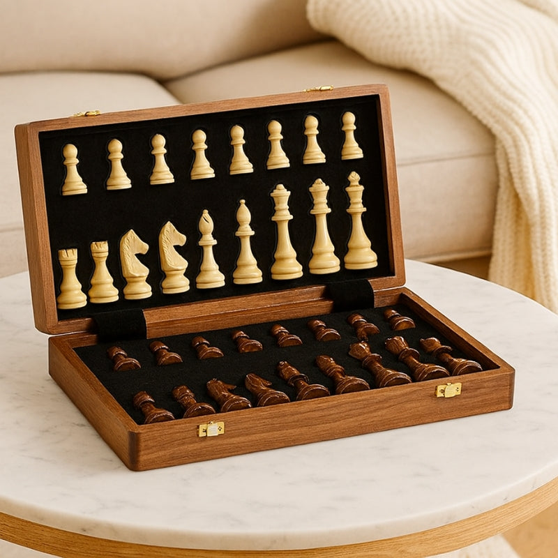 ClassicChess – Sammenleggbart sjakksett i tre med oppbevaringsrom og detaljerte spillebrikker