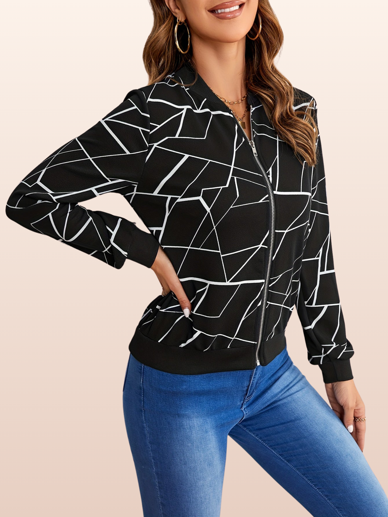 Lina - Geometrisk mønster jakke med glidelåslukking