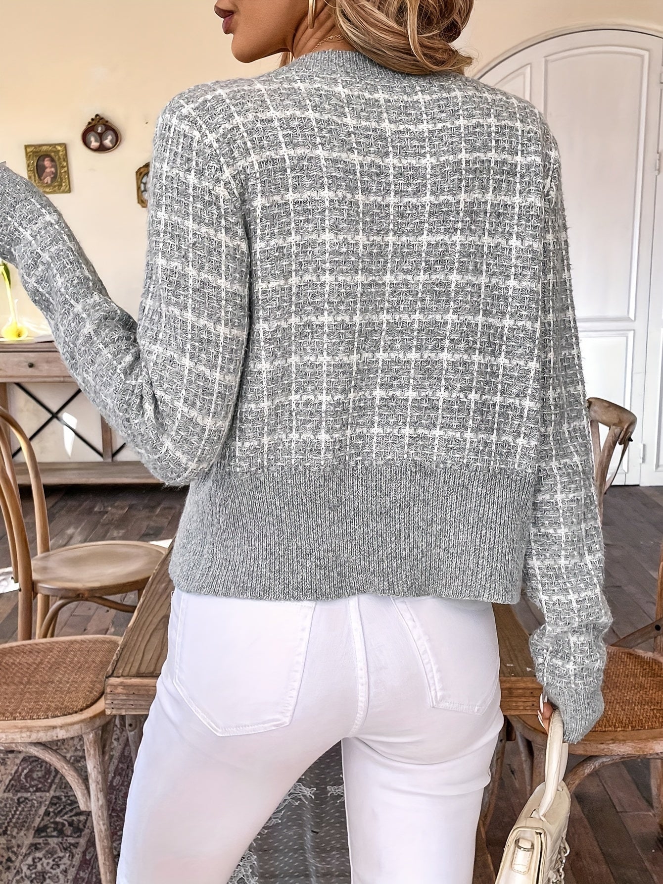 Seraphina - Rutete cardigan langermet med knapper og lomme