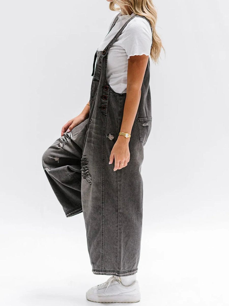 Freya - Ermeløs jumpsuit i denim med vide ben