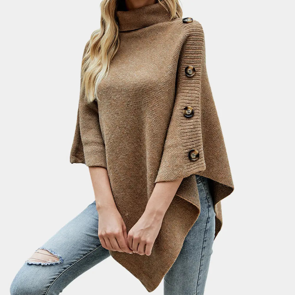 Jessica - Stilig asymmetrisk poncho med knappedetaljer og høy hals