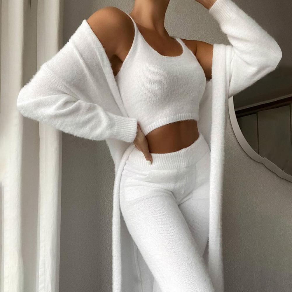 Sophia - Mykt 3-delt sett med cropped topp avslappede bukser og lang cardigan