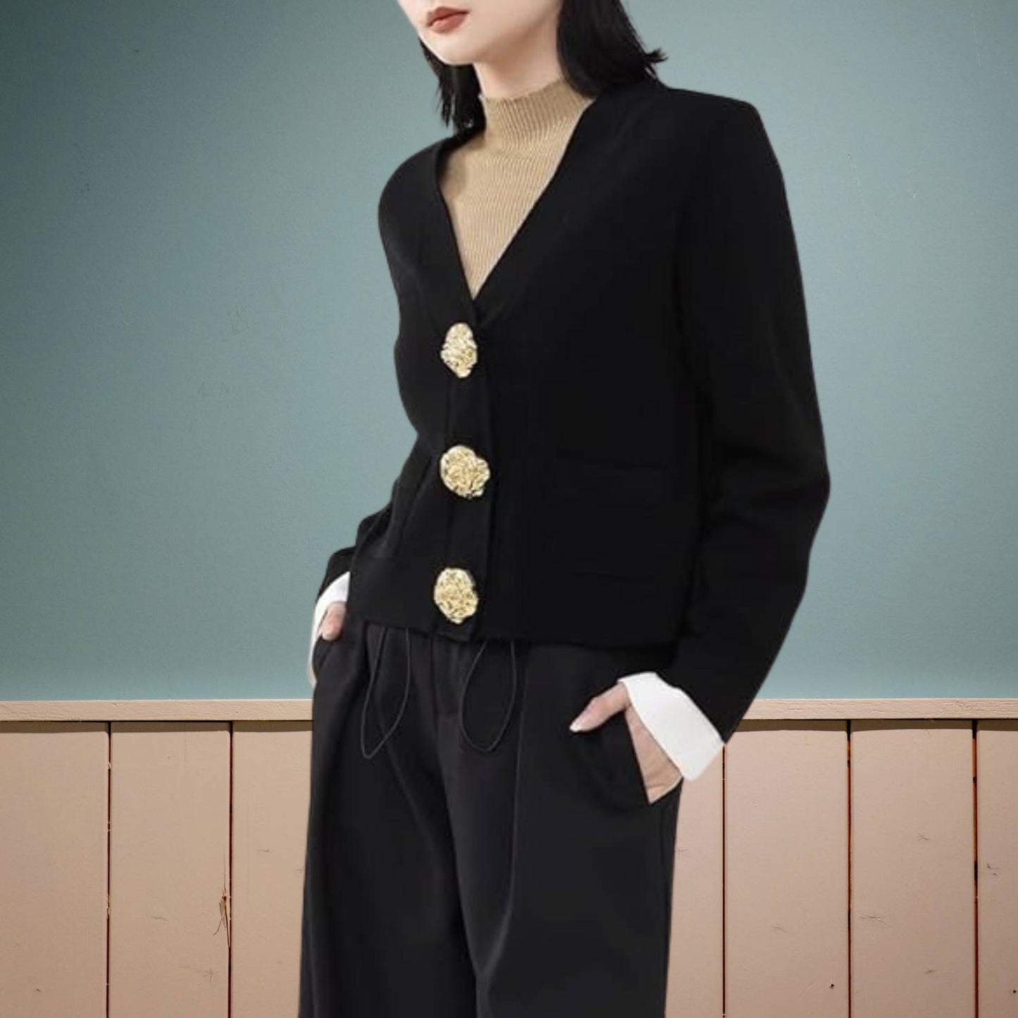 Emma - Langermet cardigan med V-hals knappedetaljer og myk strikk