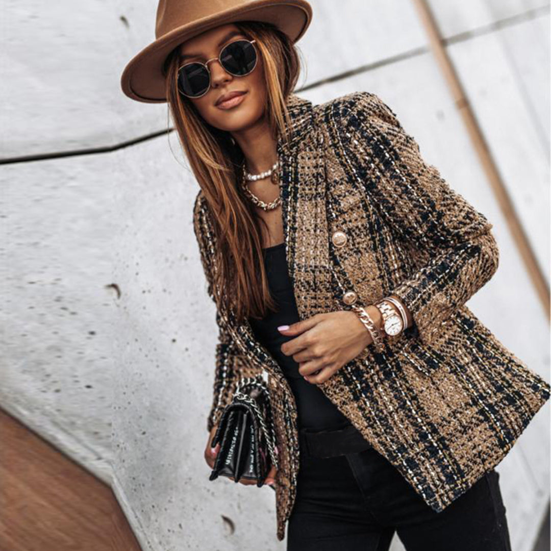 Emma - Klassisk rutete skreddersydd blazer med dobbelsnapp knappelukking