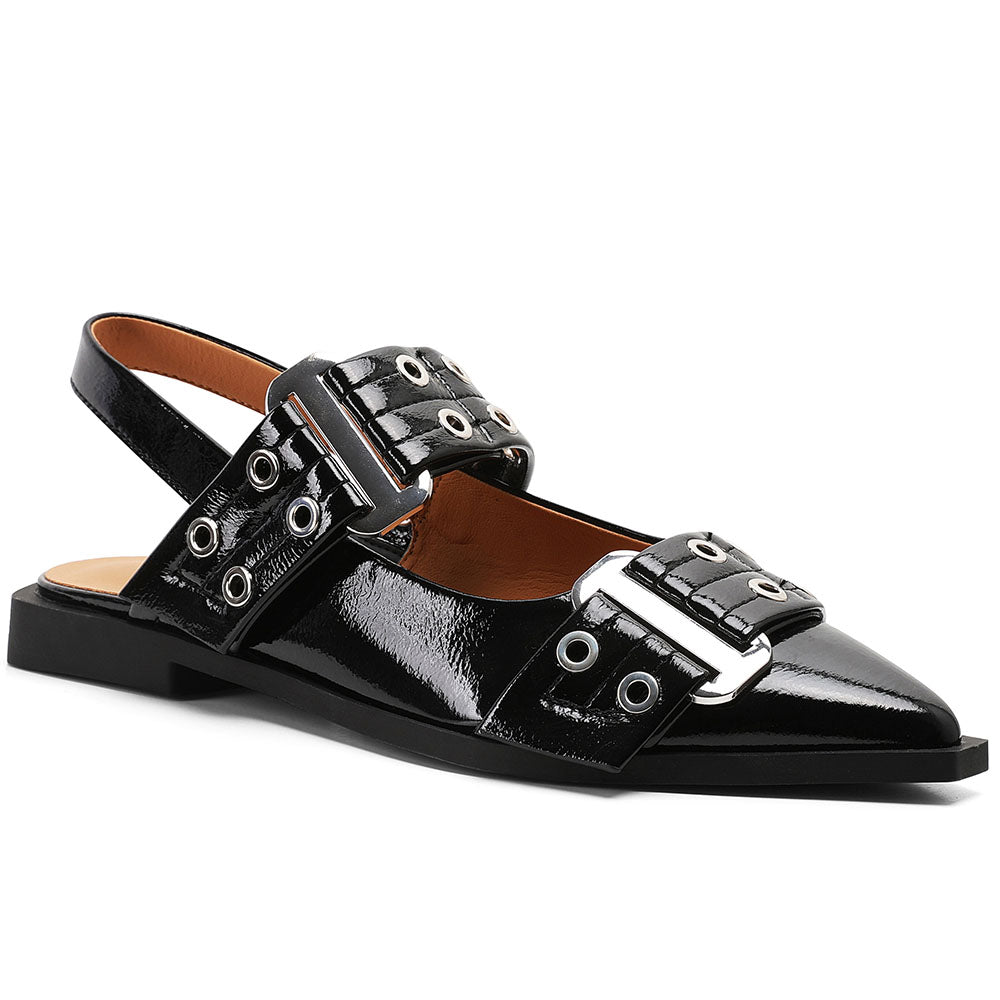 Lana - Slingback Flate Sandaler med Spiss Tå og Spenne