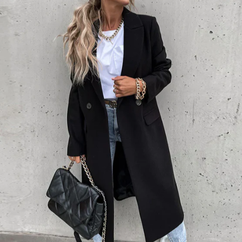 Aveline - Uformell langermet ullfrakk med revers og knapper