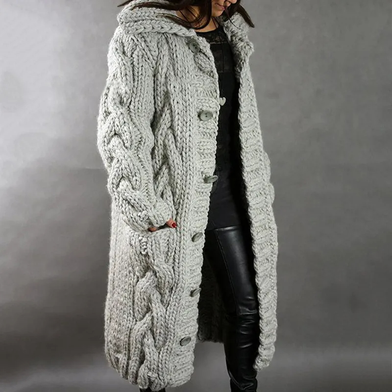 Emilia - Lang Tykkstrikket Cardigan med Varme Lange Ermer Knapper og Lommer