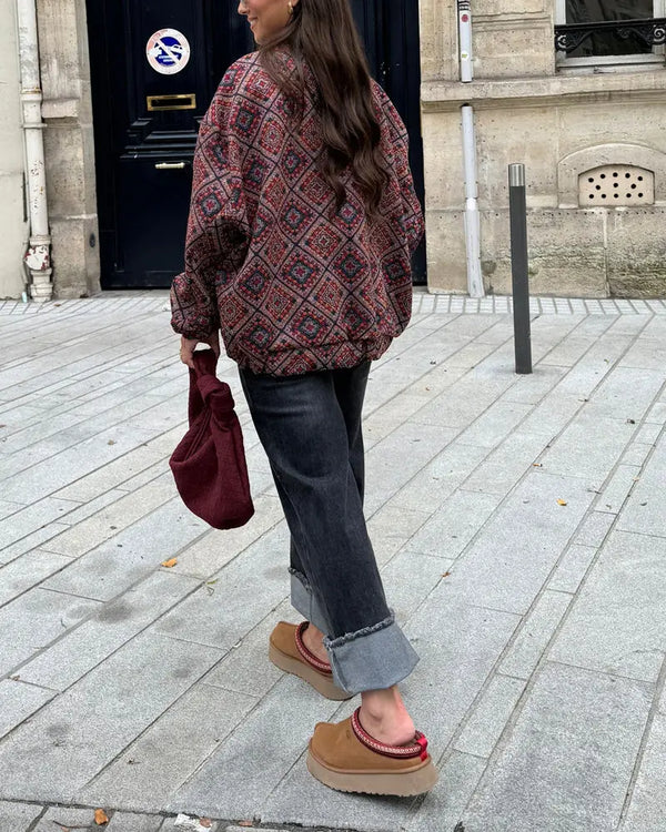 Isla - Oversized jakke med flerfarget mønster og puffede ermer