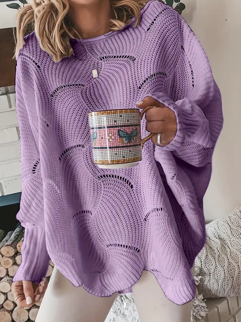 Lina - Løs Strikkegenser med Rund Hals og Komfortable Lanternemansjetter