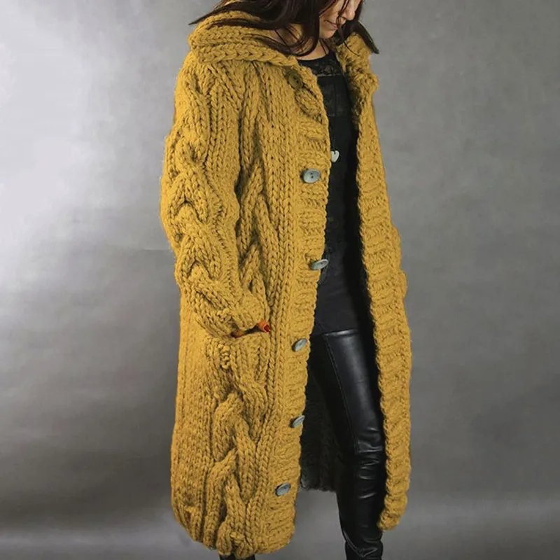 Emilia - Lang Tykkstrikket Cardigan med Varme Lange Ermer Knapper og Lommer