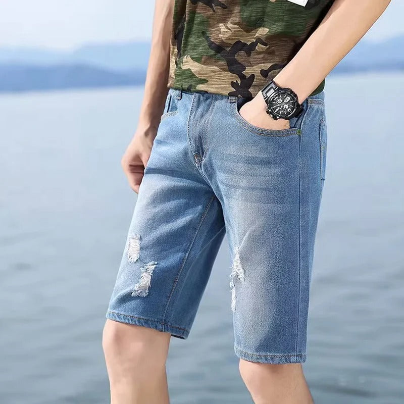 Mason - Perforerte denimshorts med knappegylf og løs passform