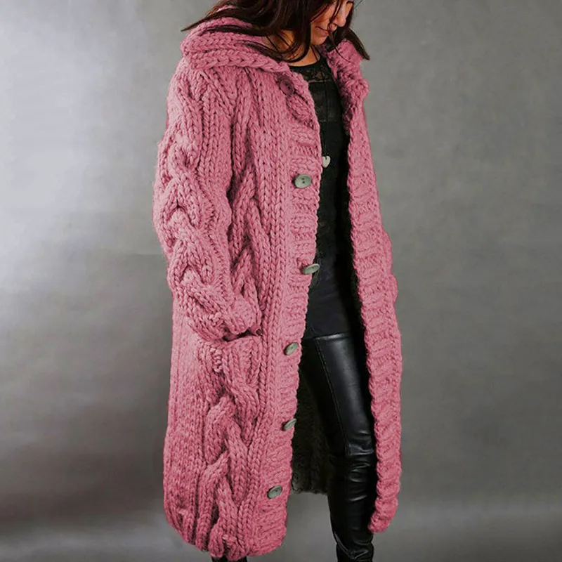 Emilia - Lang Tykkstrikket Cardigan med Varme Lange Ermer Knapper og Lommer