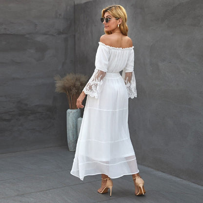 Isla - Boho blonde maxikjole med off-shoulder-design og blomstrete blondermer