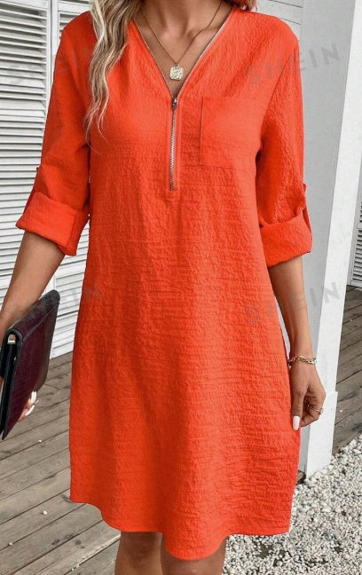 Sandra - Glidelås foran A linje kjole med opprullede ermer