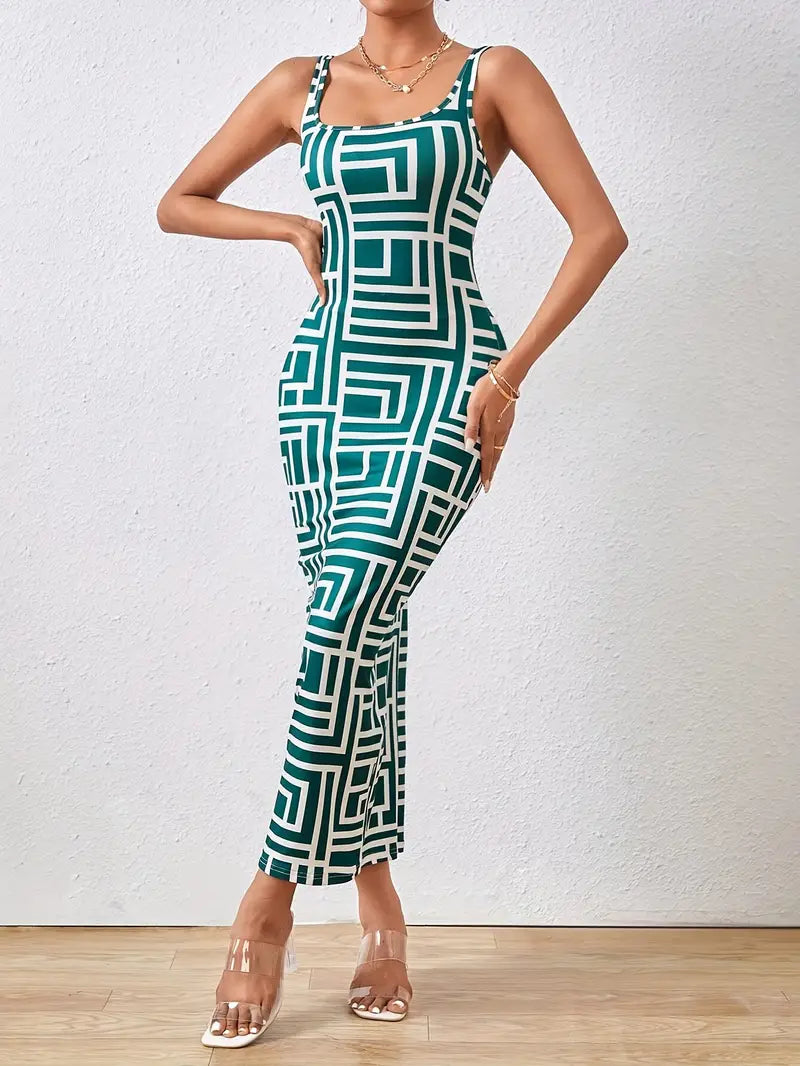 Charlotte - Bodycon kjole med geometrisk trykk og tynne spaghettistropper