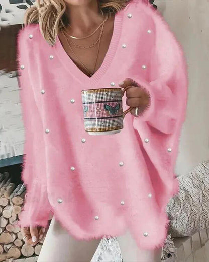 Liora - V-hals, langermet, luftig topp med perler