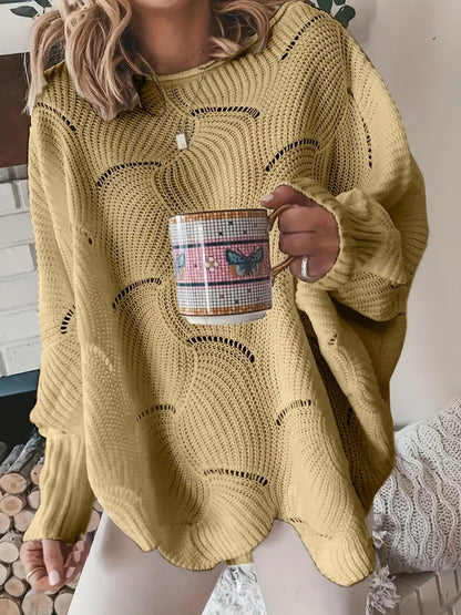 Lina - Løs Strikkegenser med Rund Hals og Komfortable Lanternemansjetter