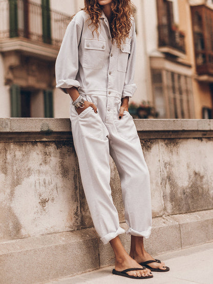 Freya - Avslappet passform front knapp jumpsuit med praktiske lommer