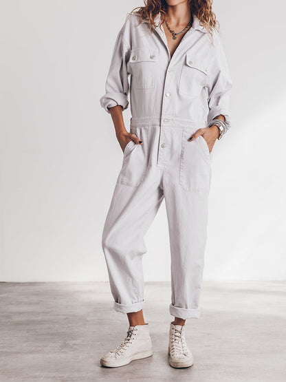 Freya - Avslappet passform front knapp jumpsuit med praktiske lommer