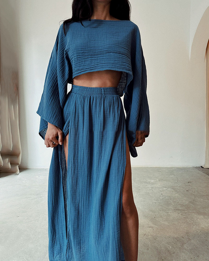 Kathryn - En skulder topp og høy midje skjørtsett med høy sliss