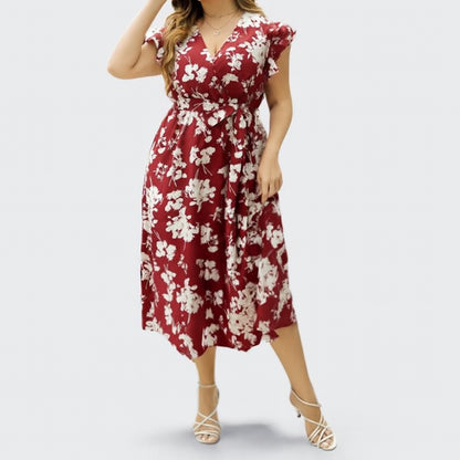 Karin - Plus size A linje midikjole med blomstertrykk og V hals