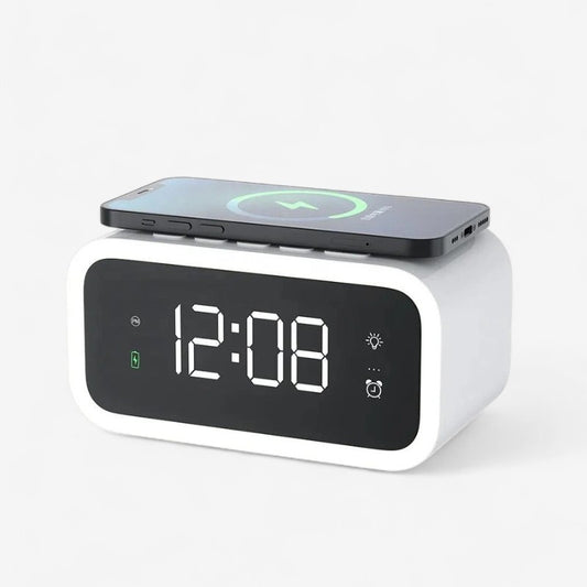 TimeEase – 2-i-1 vekkerklokke med trådløs lader og LED-skjerm