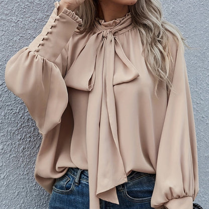 Kristine - Bluse med Sløyfe på Halsen og Puffete Lange Ermer