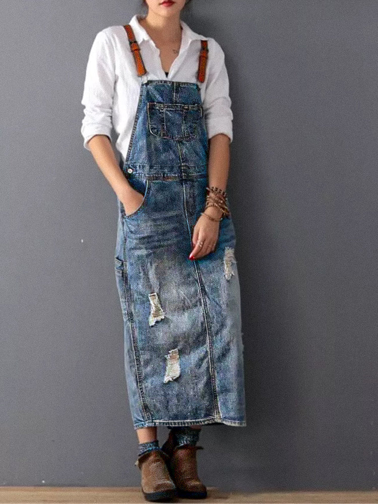 Luna - Denim overallkjole med ryggsplitt og distressed finish