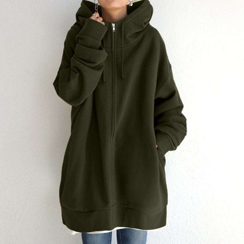 Lena – Langermet Oversized Zip Hoodie med Ribbestrikkede Detaljer