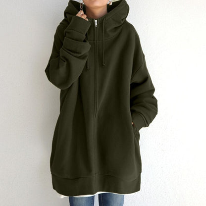 Lena – Langermet Oversized Zip Hoodie med Ribbestrikkede Detaljer