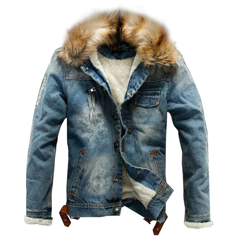Adam - Langermet denimjakke med fleecefor og pelskrage