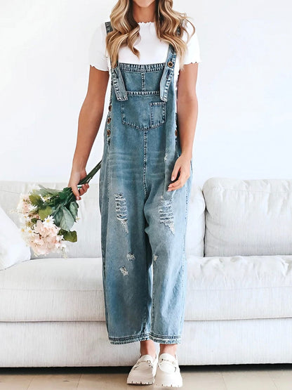 Freya - Ermeløs jumpsuit i denim med vide ben