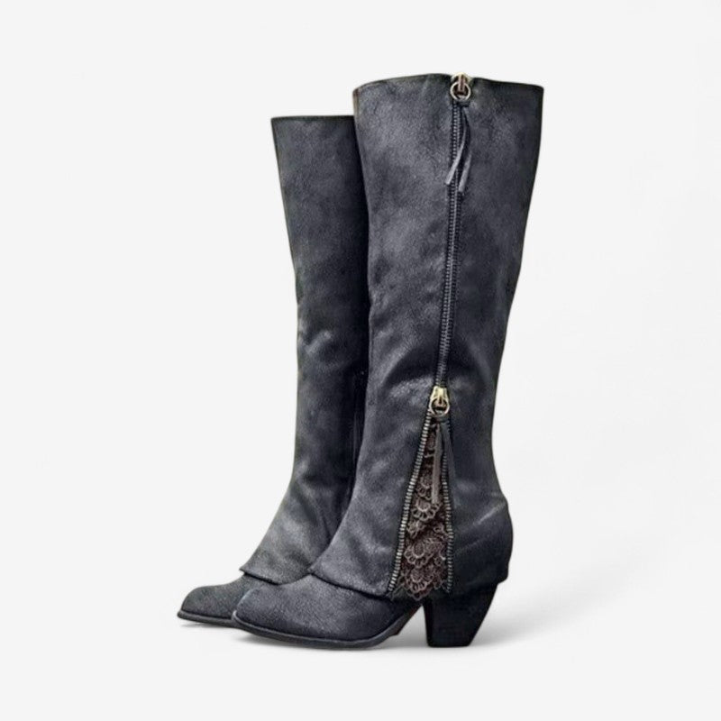 Karoline – Knehøye Støvler med Sidet Glidelås og Rund Tå