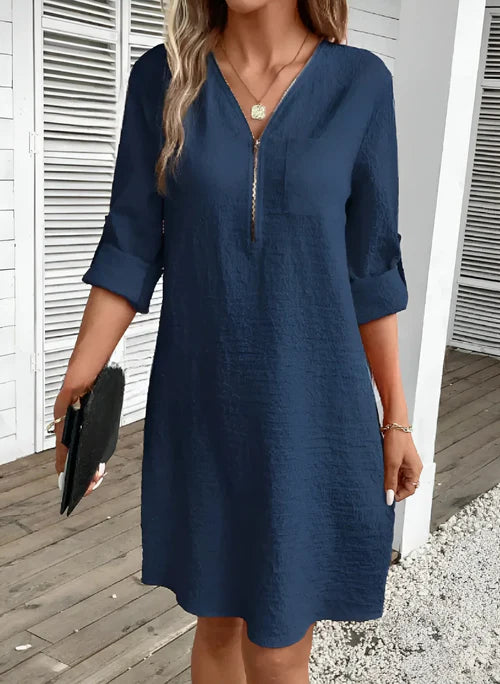 Sandra - Glidelås foran A linje kjole med opprullede ermer