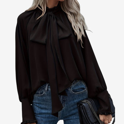 Kristine - Bluse med Sløyfe på Halsen og Puffete Lange Ermer