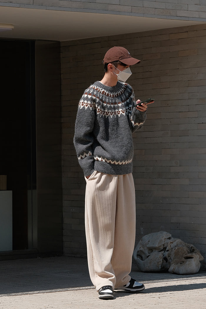 Lina - Slim Fit Fair Isle Genser med Ribbestrikkede Ermer