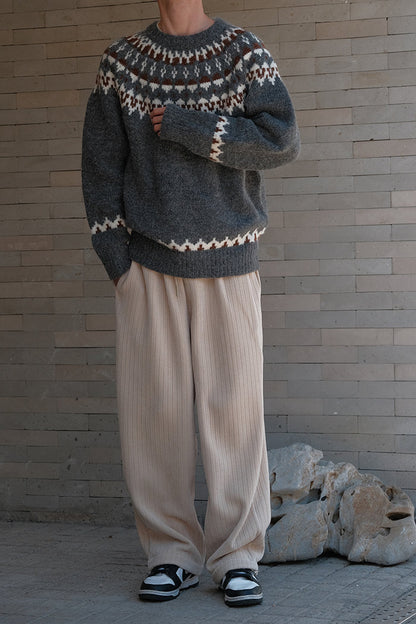 Lina - Slim Fit Fair Isle Genser med Ribbestrikkede Ermer