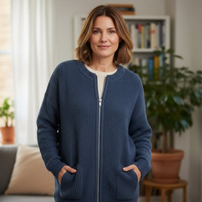 Elvia – Langermet Zip Cardigan med Sidelommer