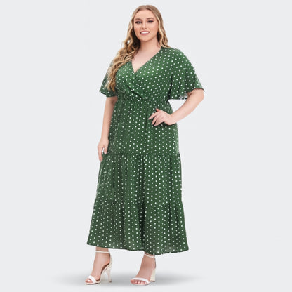 Sabine - Plus size maxikjole med prikker og V-hals