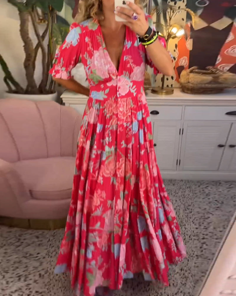 Liana - Maxikjole med puffermer og blomstermønster