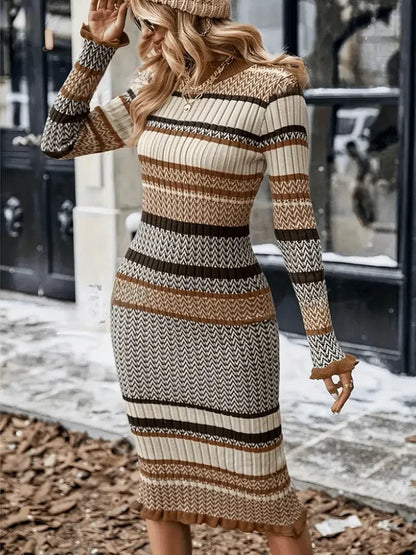 Amelia - Bodycon kjole med lange ermer og teksturert sikksakkmønster