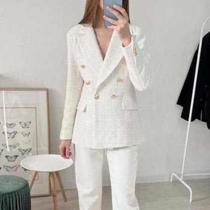 Hanne – Dobbeltspent Tweed Blazer med Lange Ermer og Lommer