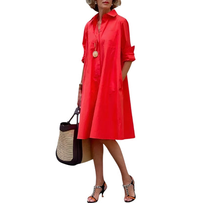 Nora - Skjortekjole med knapp foran med lange ermer og sidelommer