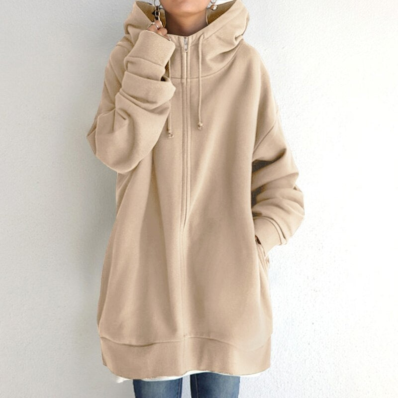 Lena – Langermet Oversized Zip Hoodie med Ribbestrikkede Detaljer