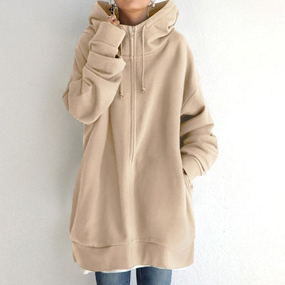 Lena – Langermet Oversized Zip Hoodie med Ribbestrikkede Detaljer