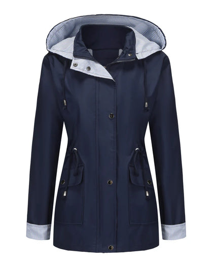 Elizabeth - Moderne lang jakke med sidelommer og stripete mansjetter